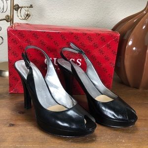 Guess Black Leather Peep Toe Platform Slingbacks